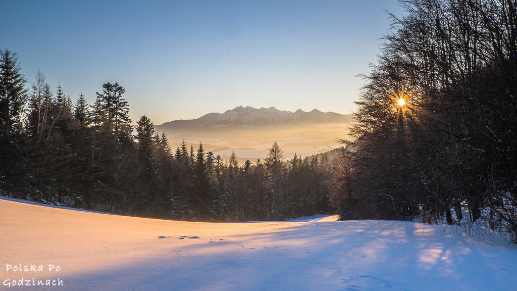 Piękny zachód słońca nad Tatrami widoczny z Przełęczy Szopka w Pieninach. 