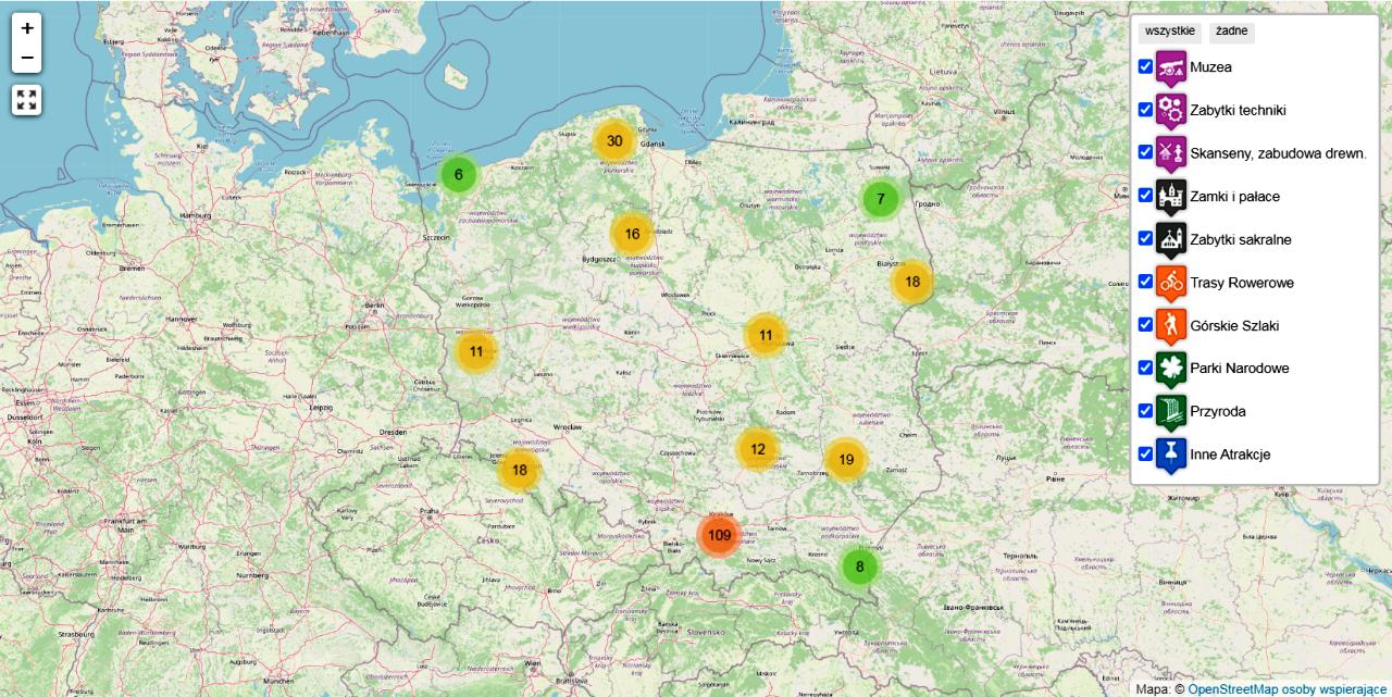 podróże i atrakcje w Polsce na mapie