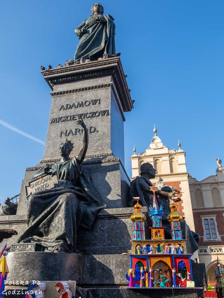 Atrakcje Krakowa. Pomnik Adama Mickiewicza na krakowskim rynku.
